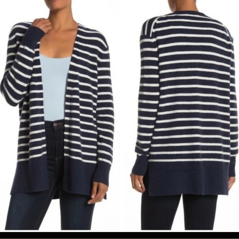 Madewell Wool Blend Dark Nightfall Striped Cardigan Sweater Navy Blue White XS